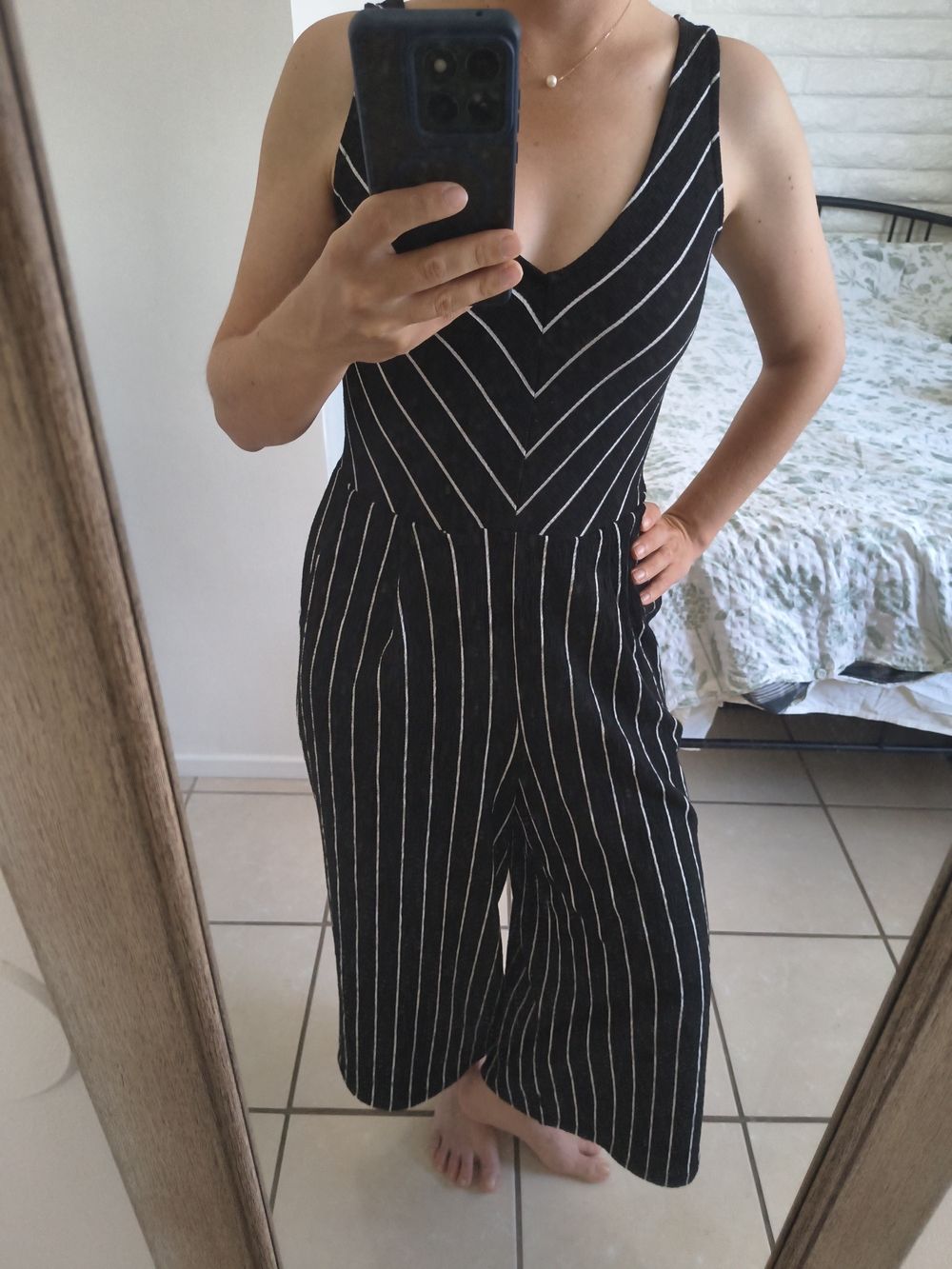 My Michelle Black White Stripe Wide Leg Jumpsuit S Chic Minimalist Romper